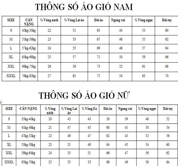 Thông số đo áo gió 2 lớp